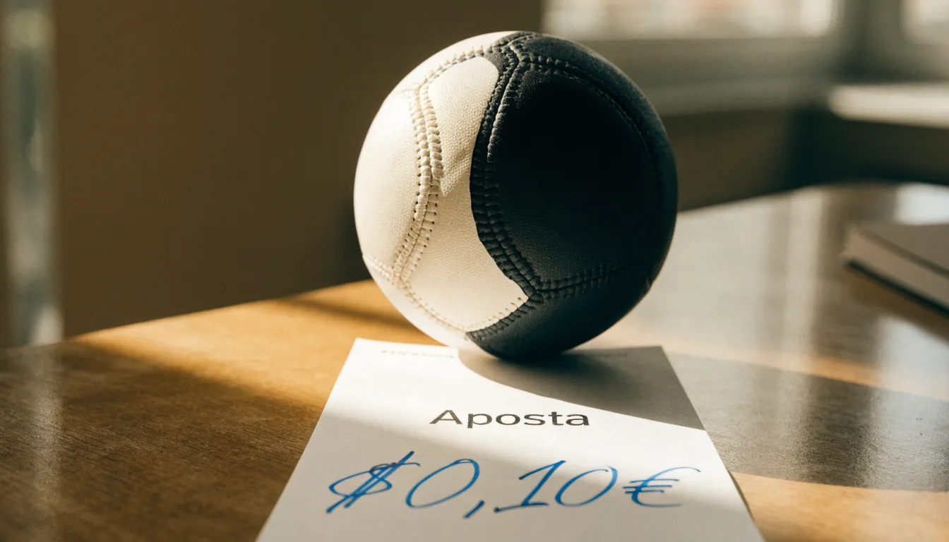 Uma bola de futebol pousada sobre um talão de apostas em branco numa mesa de madeira, à luz do dia