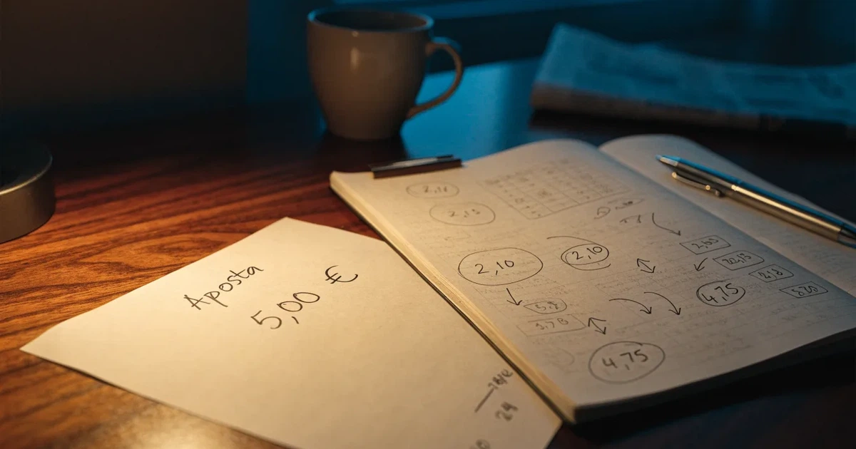 Um talão de apostas em branco ao lado de uma calculadora e de um bloco de notas com um esquema desenhado à mão