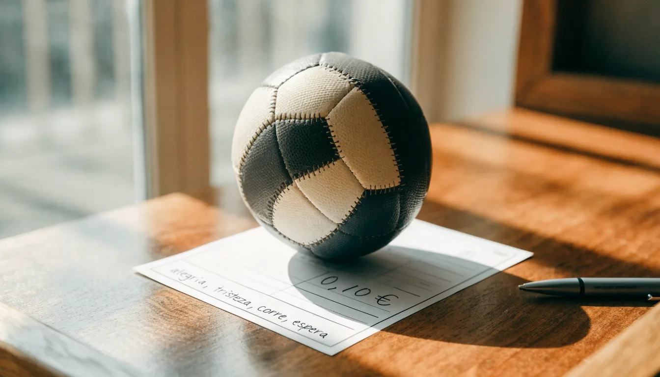 Uma bola de futebol pousada sobre um talão de apostas em branco numa mesa de madeira, à luz do dia