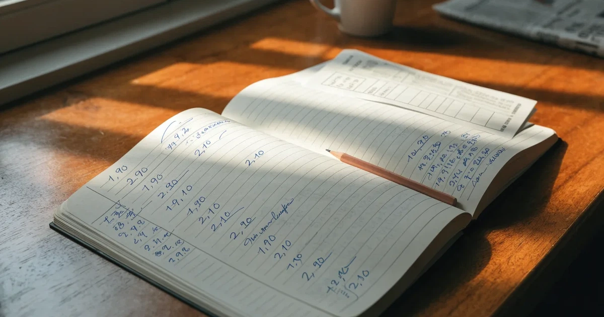 Um caderno aberto com cotas escritas à mão, uma calculadora e um lápis sobre uma mesa de madeira