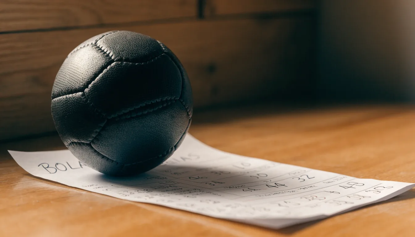 Uma bola de futebol pousada sobre um talão de apostas em branco numa mesa de madeira, à luz do dia