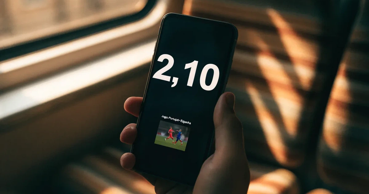 Uma mão a segurar um telemóvel com uma aposta no ecrã, num comboio ao fim da tarde