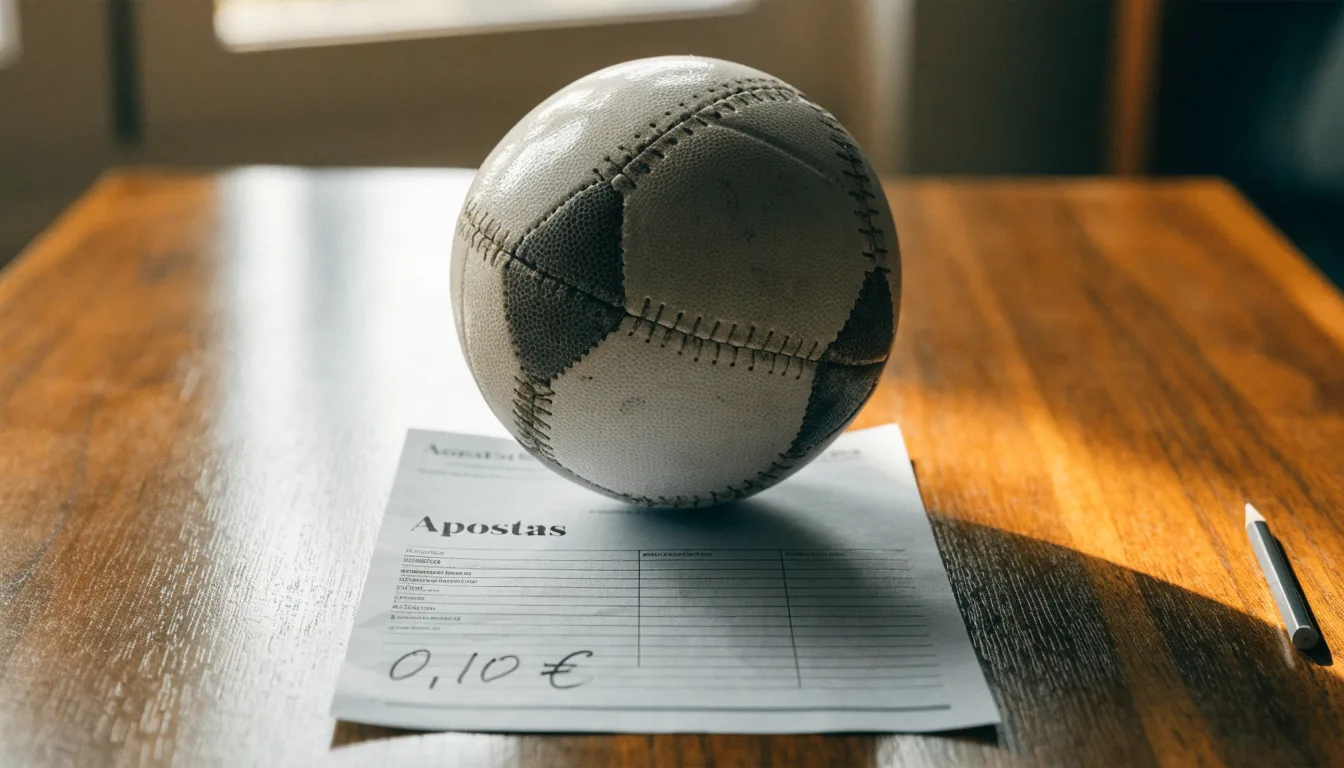 Uma bola de futebol pousada sobre um talão de apostas em branco numa mesa de madeira, à luz do dia