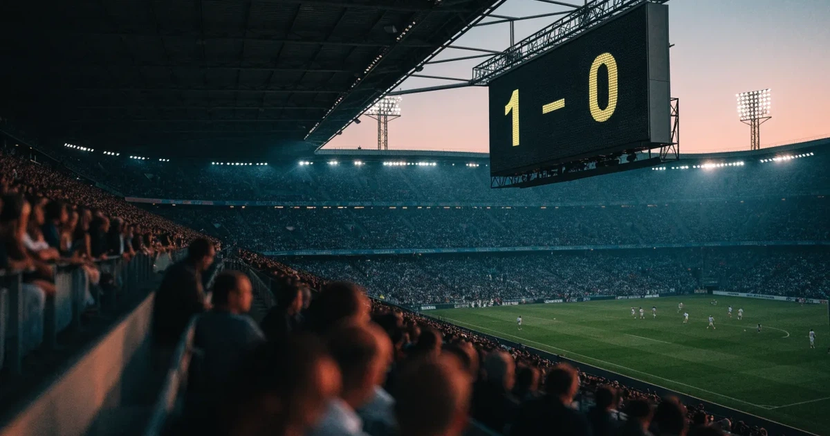 Um marcador eletrónico de um estádio com o resultado a meio da segunda parte, visto das bancadas