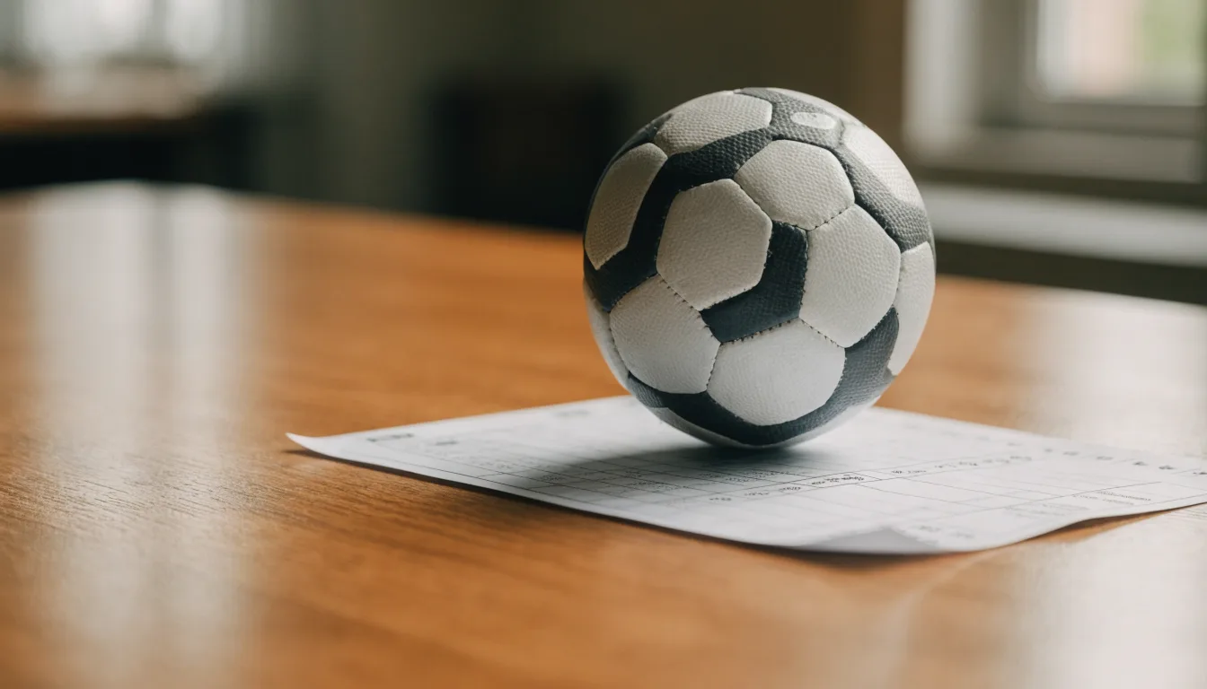 Uma bola de futebol pousada sobre um talão de apostas em branco numa mesa de madeira, à luz do dia