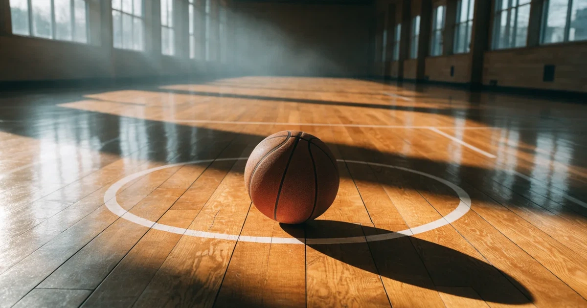 Uma bola de futebol no ponto central de um relvado, à luz da manhã