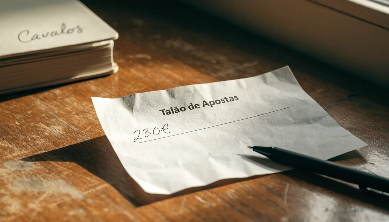 Uma bola de futebol pousada sobre um talão de apostas em branco numa mesa de madeira, à luz do dia