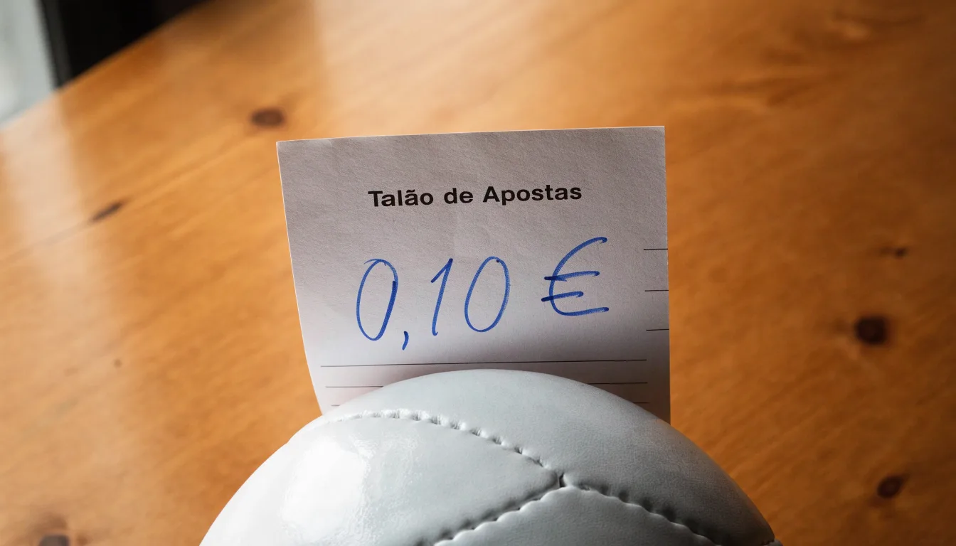 Uma bola de futebol pousada sobre um talão de apostas em branco numa mesa de madeira, à luz do dia