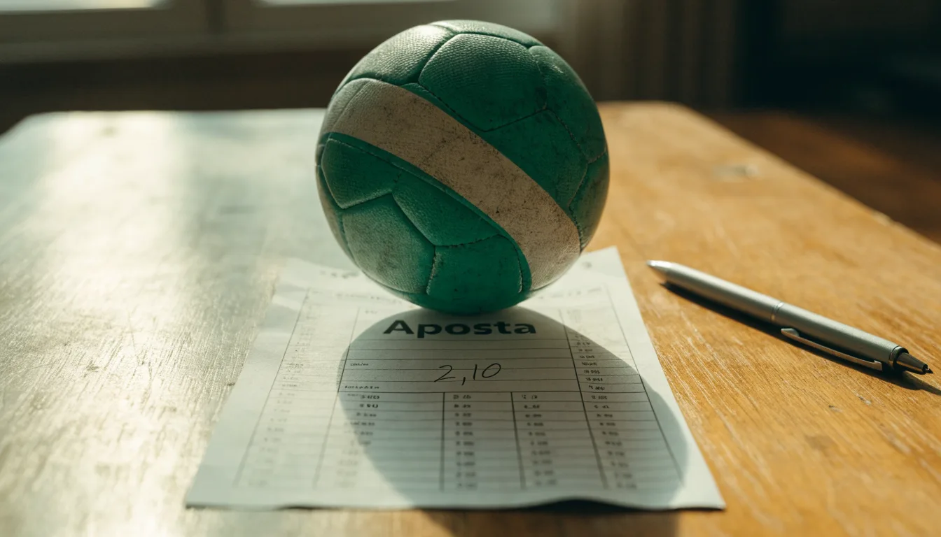 Uma bola de futebol pousada sobre um talão de apostas em branco numa mesa de madeira, à luz do dia