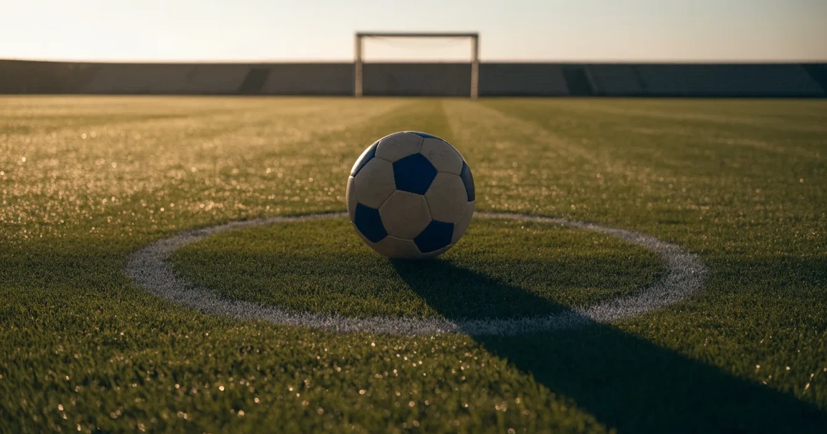 Uma bola de futebol no ponto central de um relvado, à luz da manhã