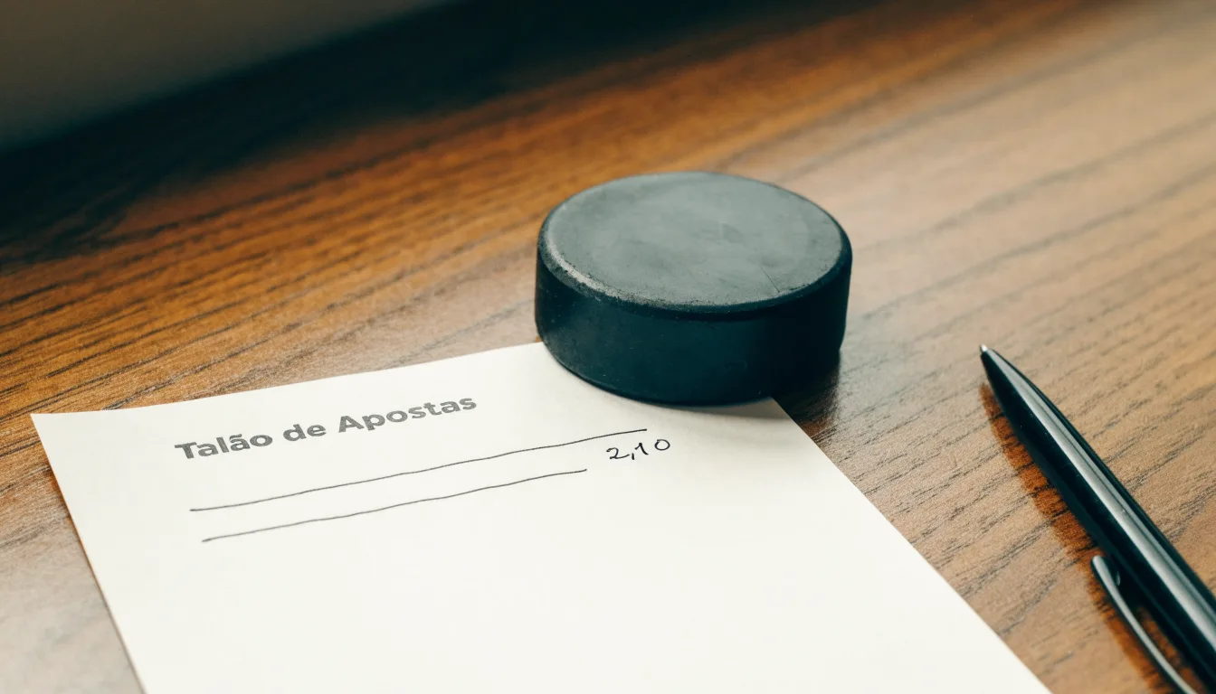 Uma bola de futebol pousada sobre um talão de apostas em branco numa mesa de madeira, à luz do dia