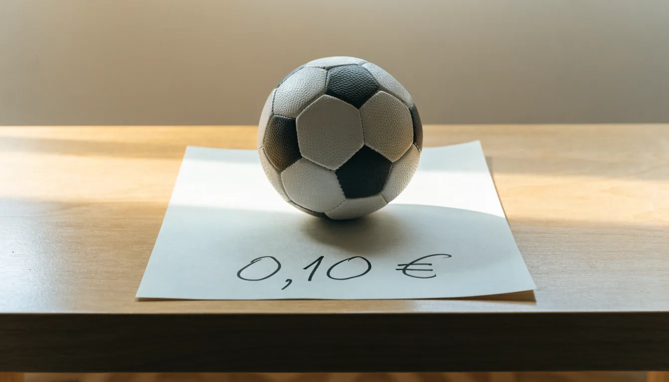 Uma bola de futebol pousada sobre um talão de apostas em branco numa mesa de madeira, à luz do dia