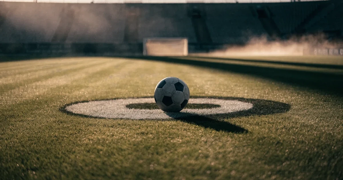 Uma bola de futebol no ponto central de um relvado, à luz da manhã