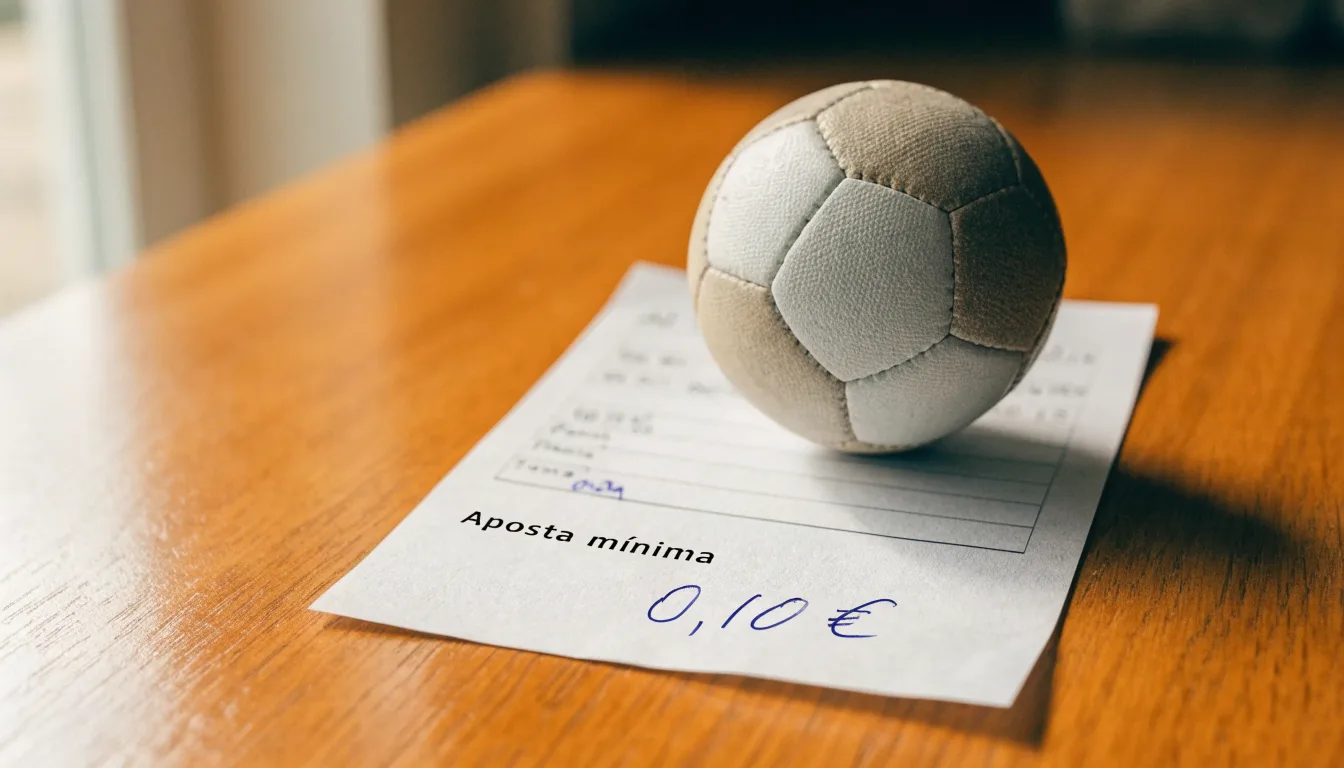 Uma bola de futebol pousada sobre um talão de apostas em branco numa mesa de madeira, à luz do dia