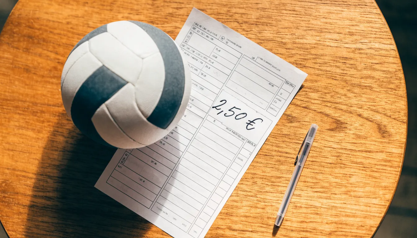 Uma bola de futebol pousada sobre um talão de apostas em branco numa mesa de madeira, à luz do dia