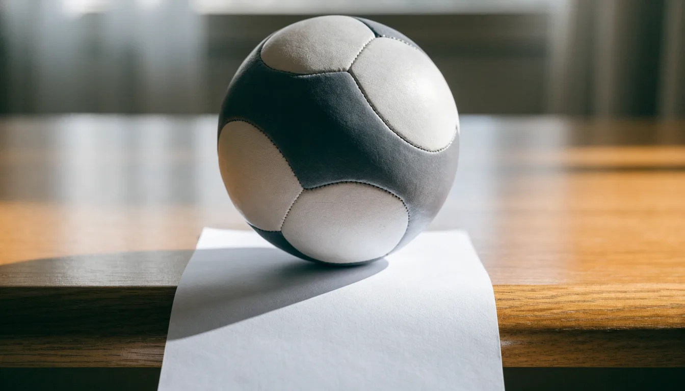 Uma bola de futebol pousada sobre um talão de apostas em branco numa mesa de madeira, à luz do dia