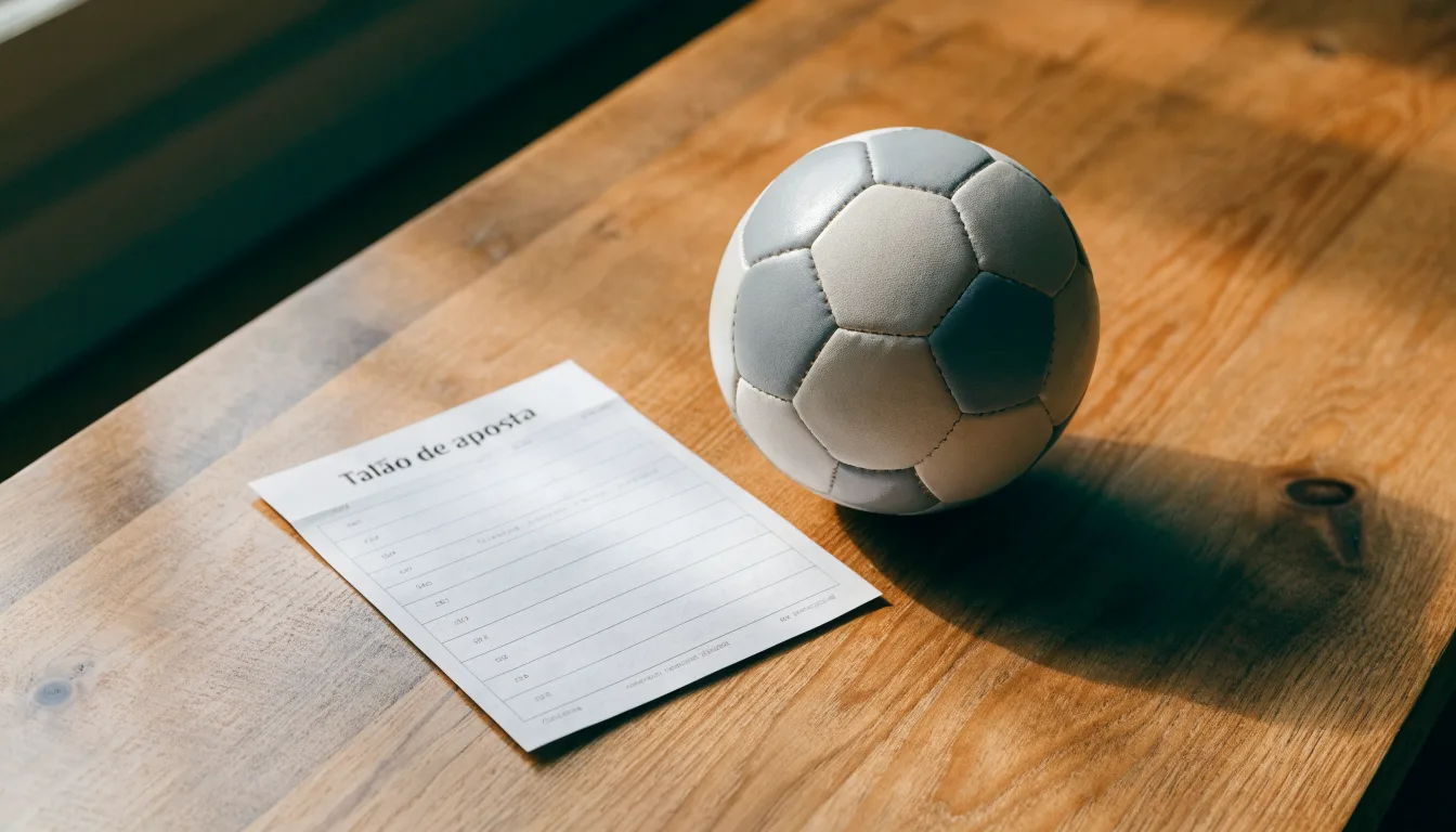 Uma bola de futebol pousada sobre um talão de apostas em branco numa mesa de madeira, à luz do dia