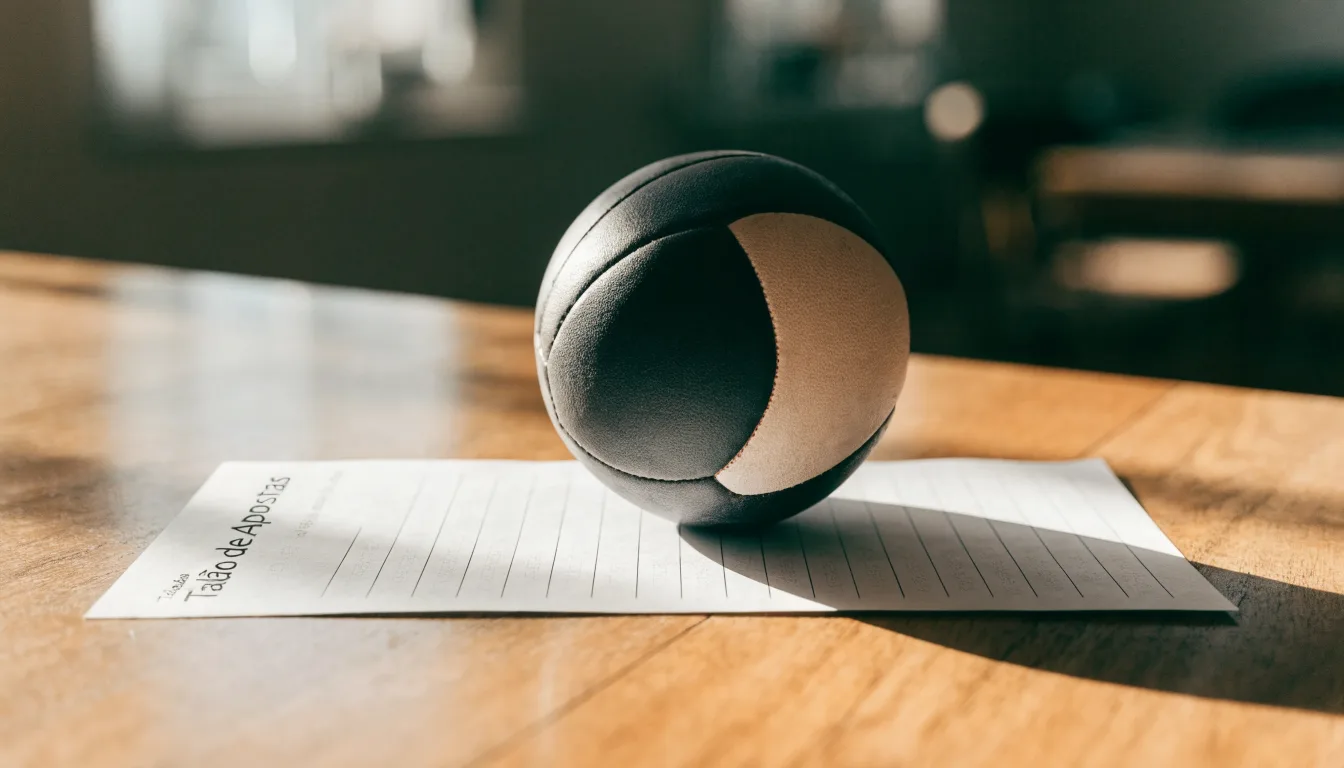 Uma bola de futebol pousada sobre um talão de apostas em branco numa mesa de madeira, à luz do dia