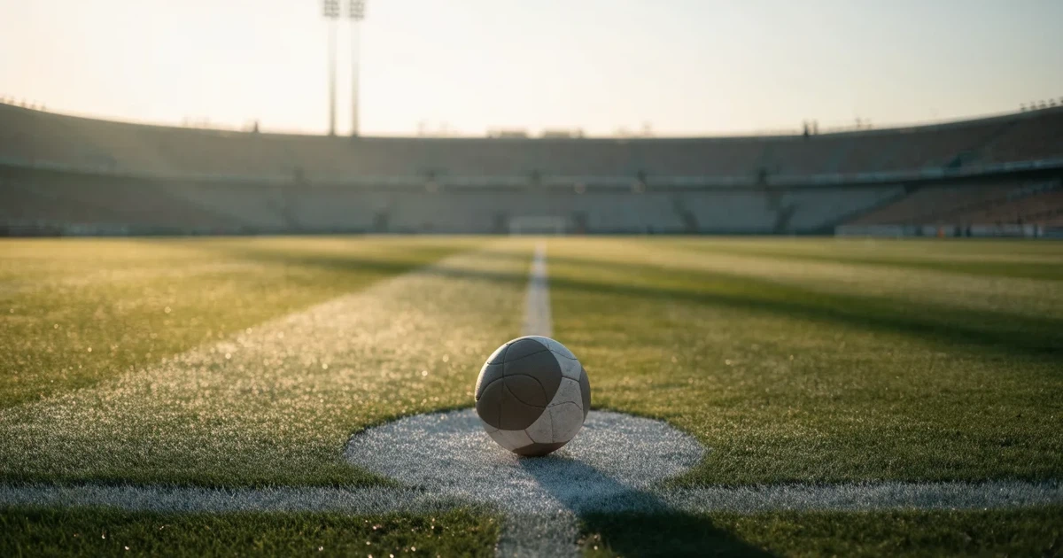 Uma bola de futebol no ponto central de um relvado, à luz da manhã