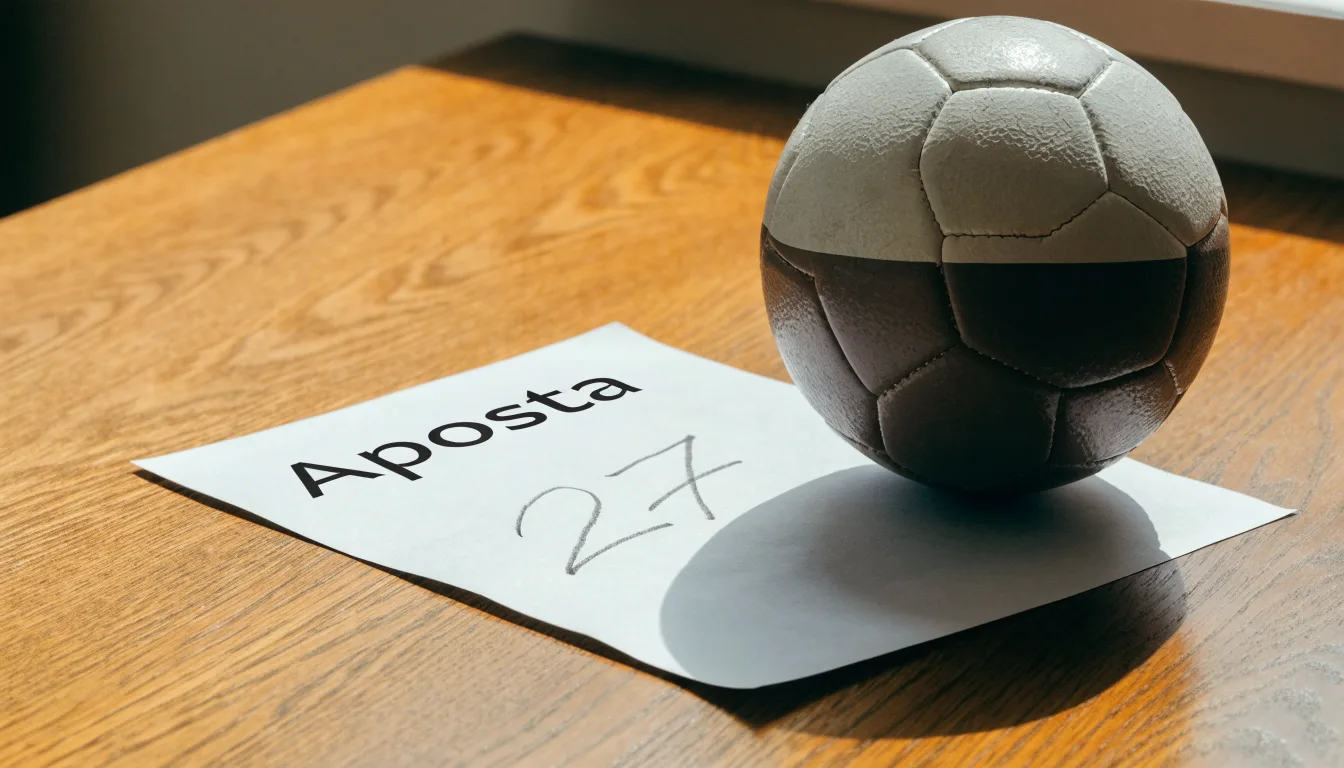 Uma bola de futebol pousada sobre um talão de apostas em branco numa mesa de madeira, à luz do dia