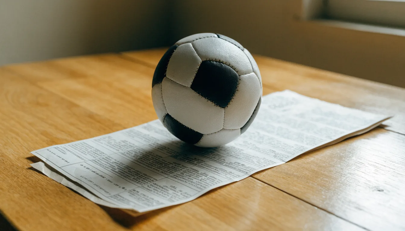 Uma bola de futebol pousada sobre um talão de apostas em branco numa mesa de madeira, à luz do dia