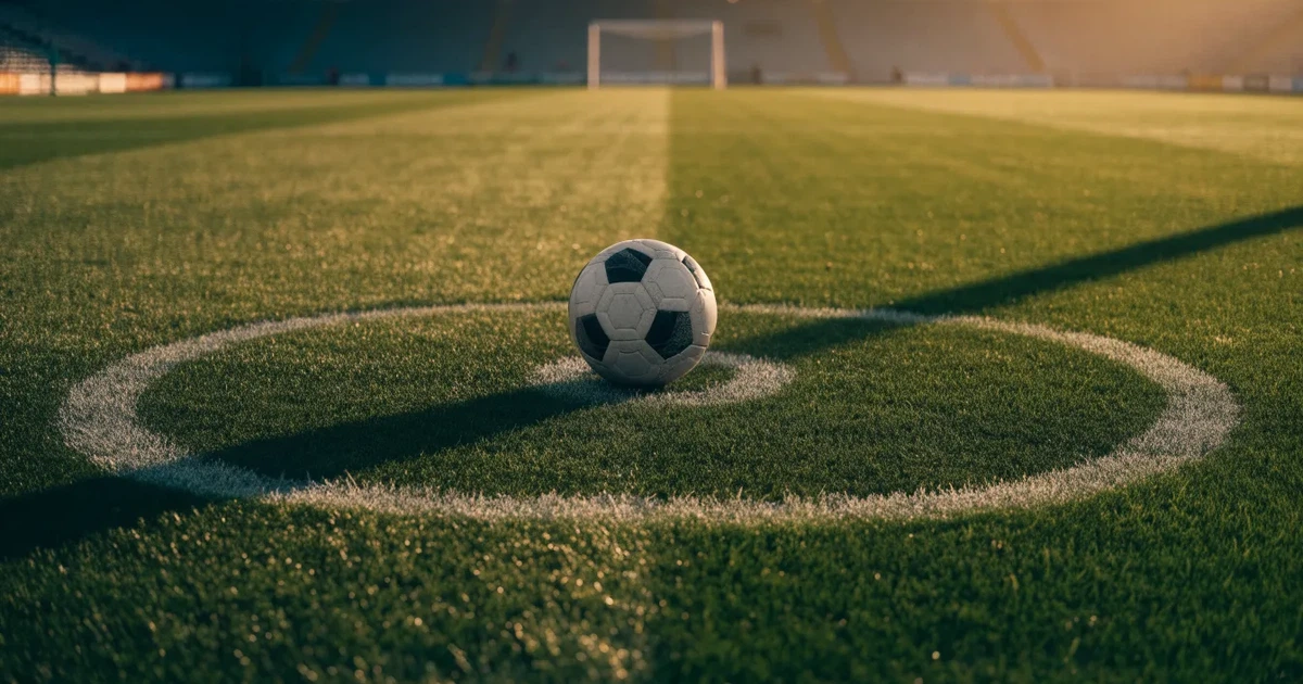 Uma bola de futebol no ponto central de um relvado, à luz da manhã