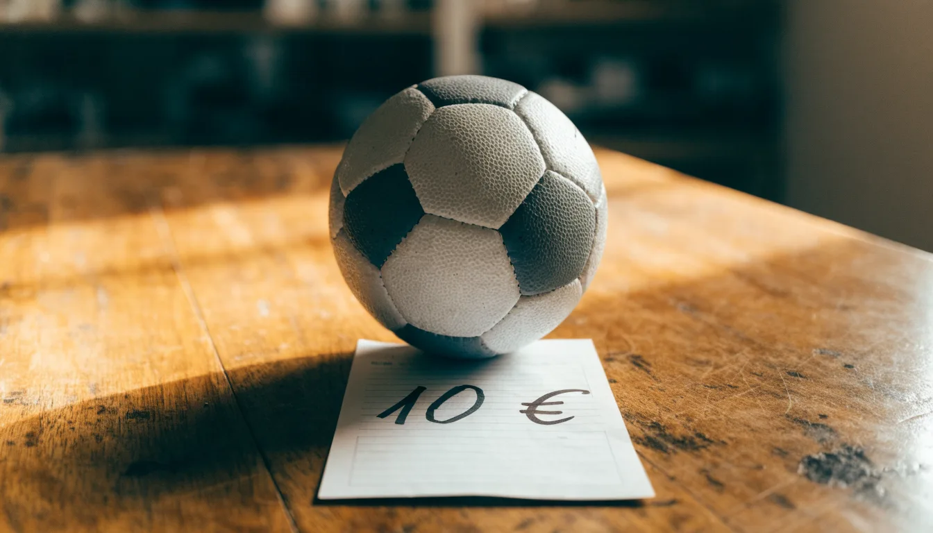 Uma bola de futebol pousada sobre um talão de apostas em branco numa mesa de madeira, à luz do dia