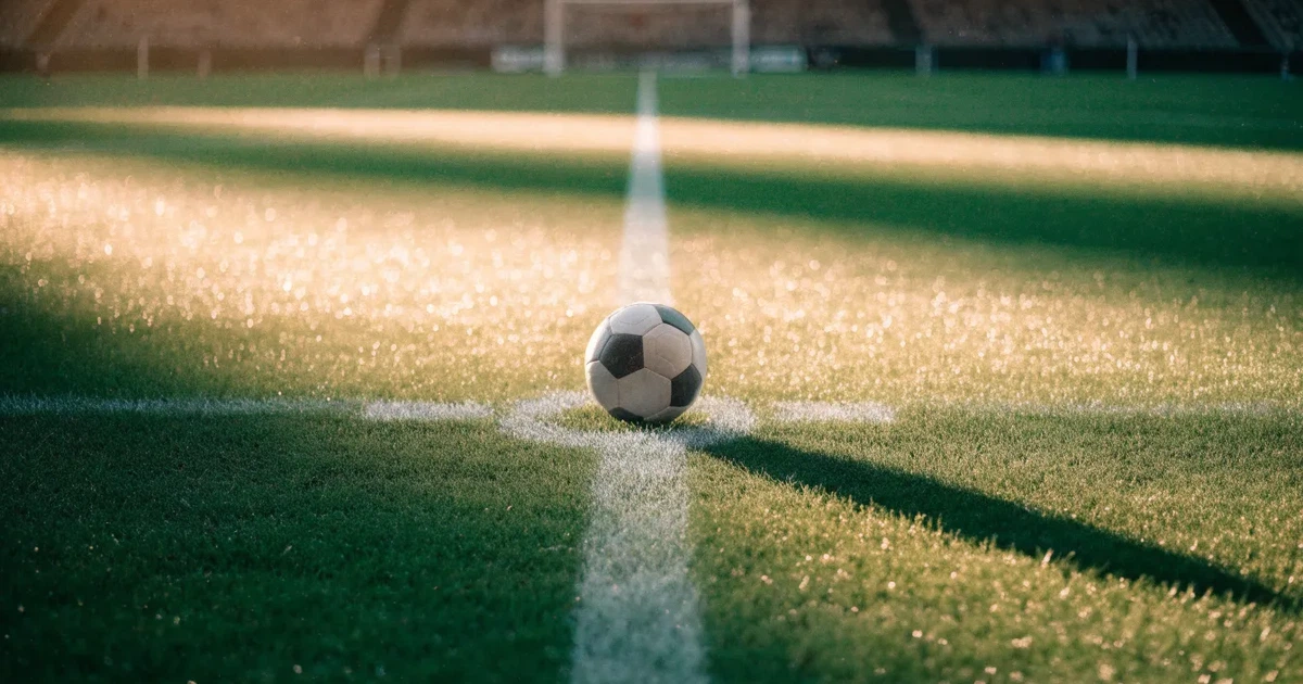 Uma bola de futebol no ponto central de um relvado, à luz da manhã