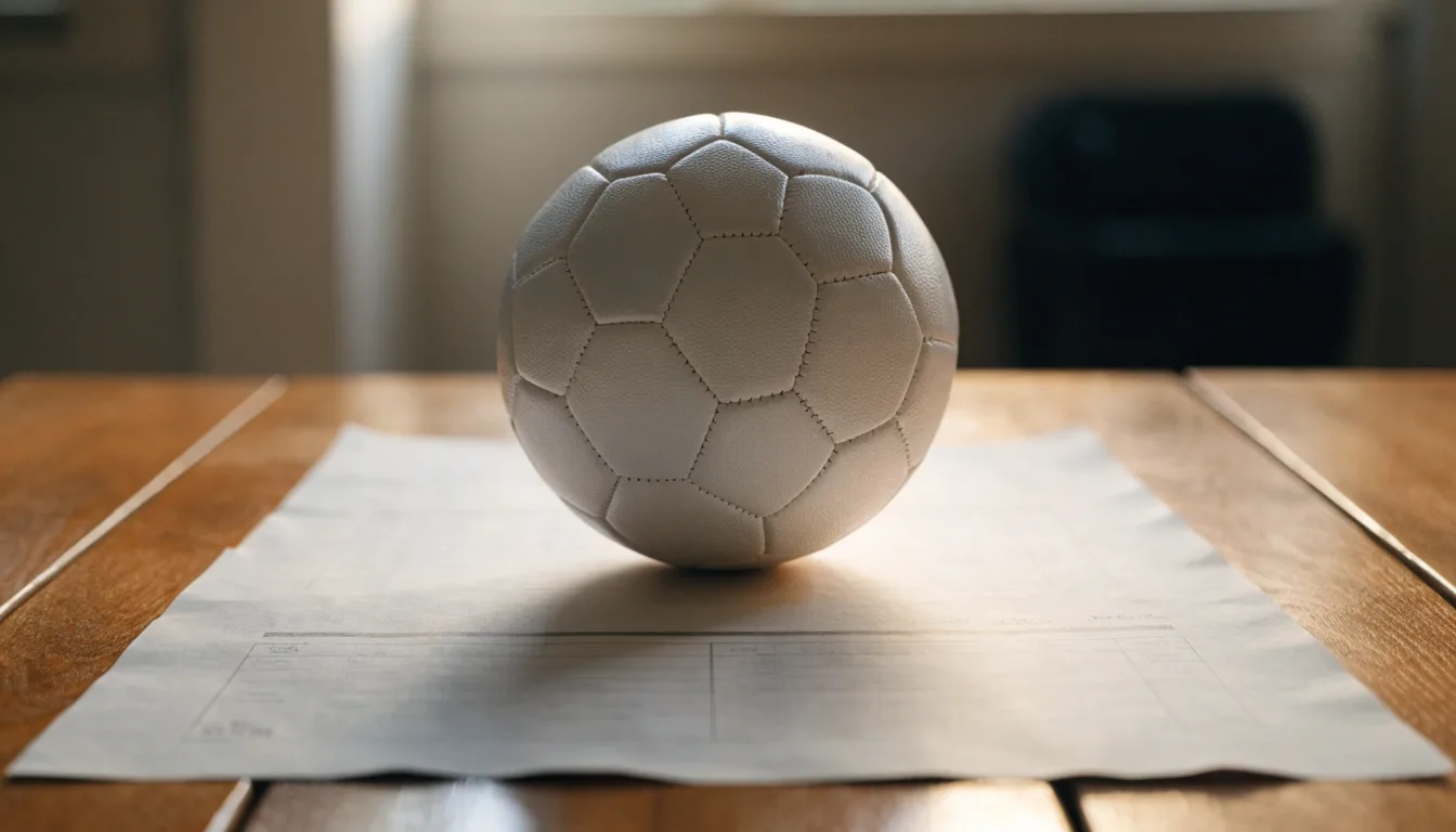 Uma bola de futebol pousada sobre um talão de apostas em branco numa mesa de madeira, à luz do dia