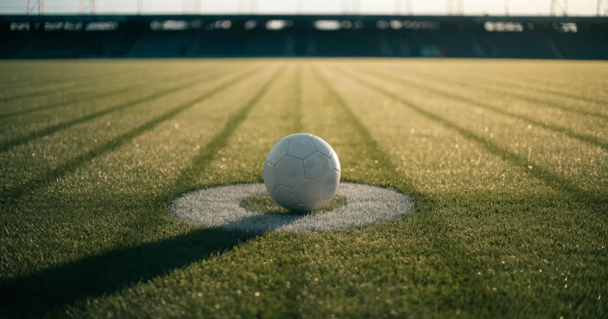 Uma bola de futebol no ponto central de um relvado, à luz da manhã