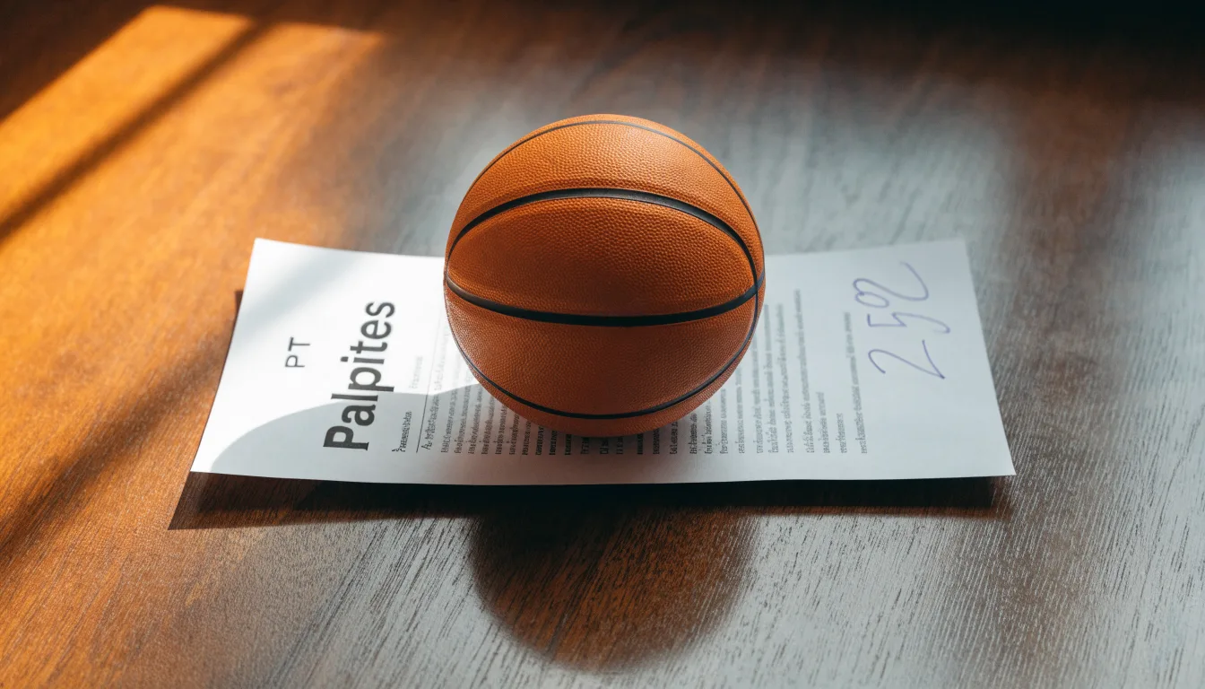 Uma bola de futebol pousada sobre um talão de apostas em branco numa mesa de madeira, à luz do dia