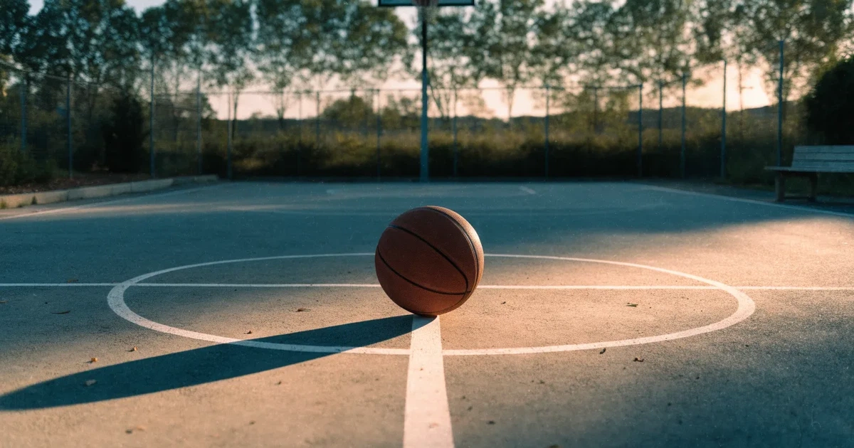 Uma bola de futebol no ponto central de um relvado, à luz da manhã