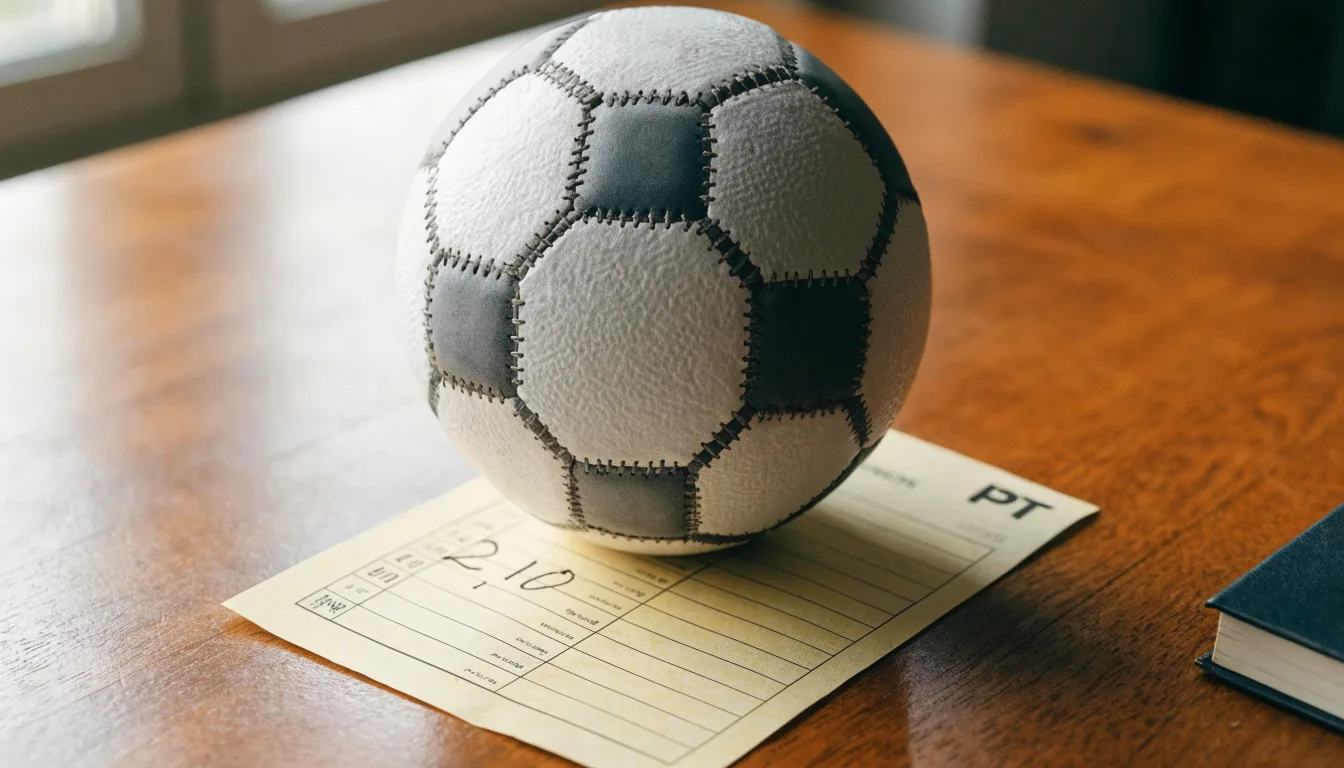 Uma bola de futebol pousada sobre um talão de apostas em branco numa mesa de madeira, à luz do dia