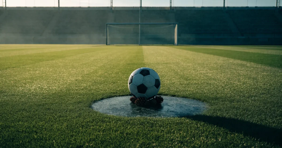 Uma bola de futebol no ponto central de um relvado, à luz da manhã