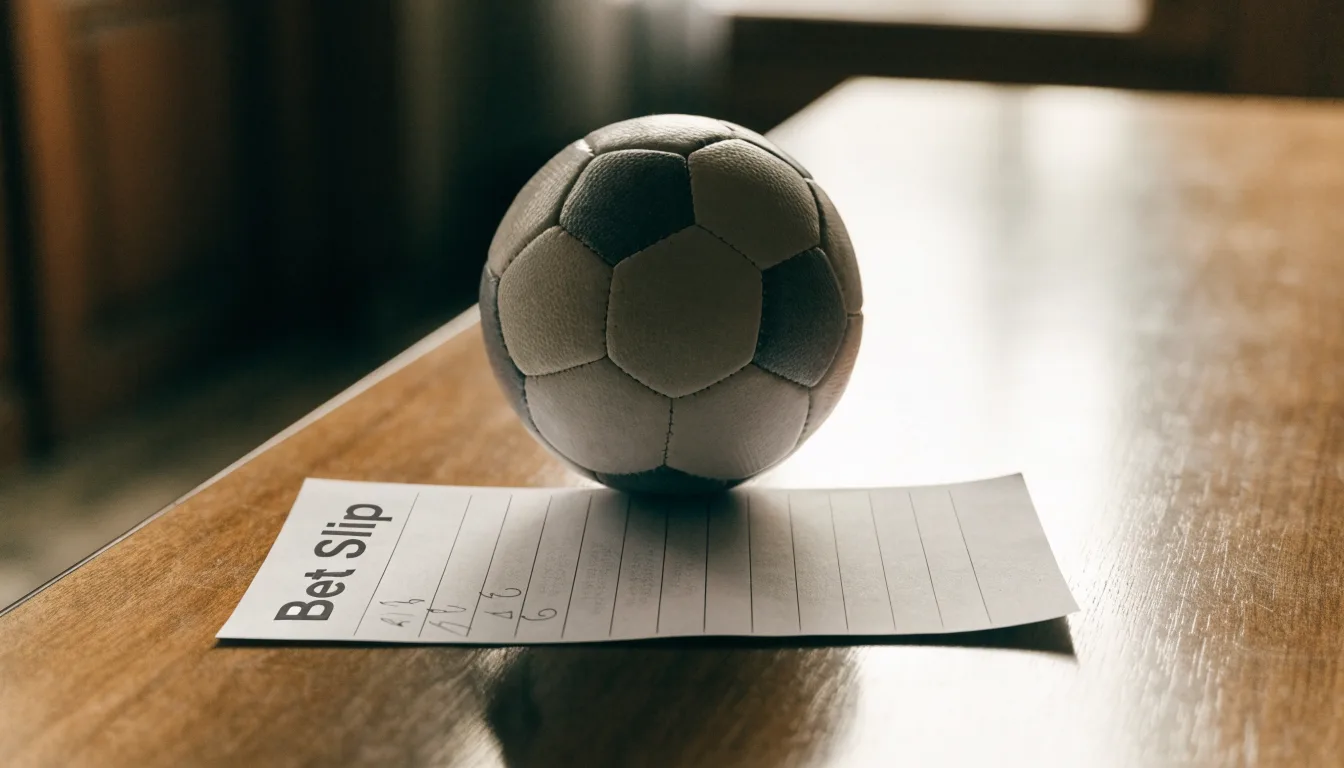 Uma bola de futebol pousada sobre um talão de apostas em branco numa mesa de madeira, à luz do dia