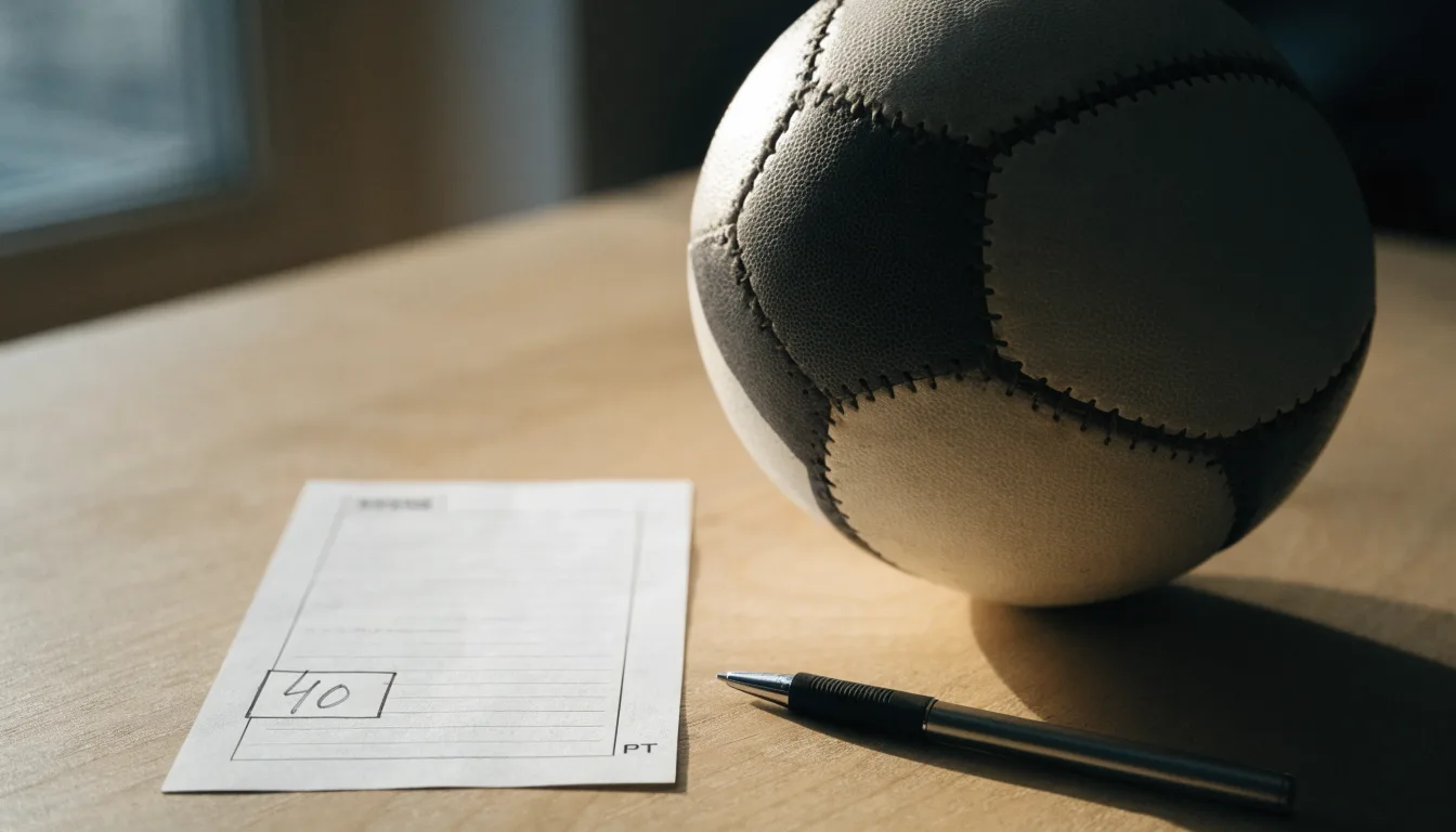 Uma bola de futebol pousada sobre um talão de apostas em branco numa mesa de madeira, à luz do dia