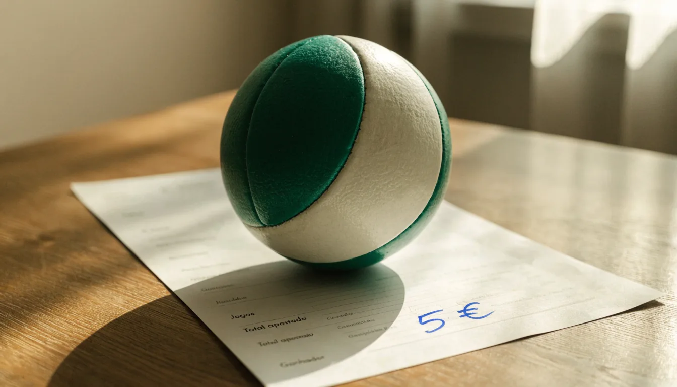 Uma bola de futebol pousada sobre um talão de apostas em branco numa mesa de madeira, à luz do dia