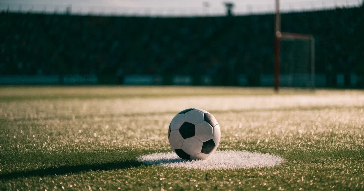 Uma bola de futebol no ponto central de um relvado, à luz da manhã