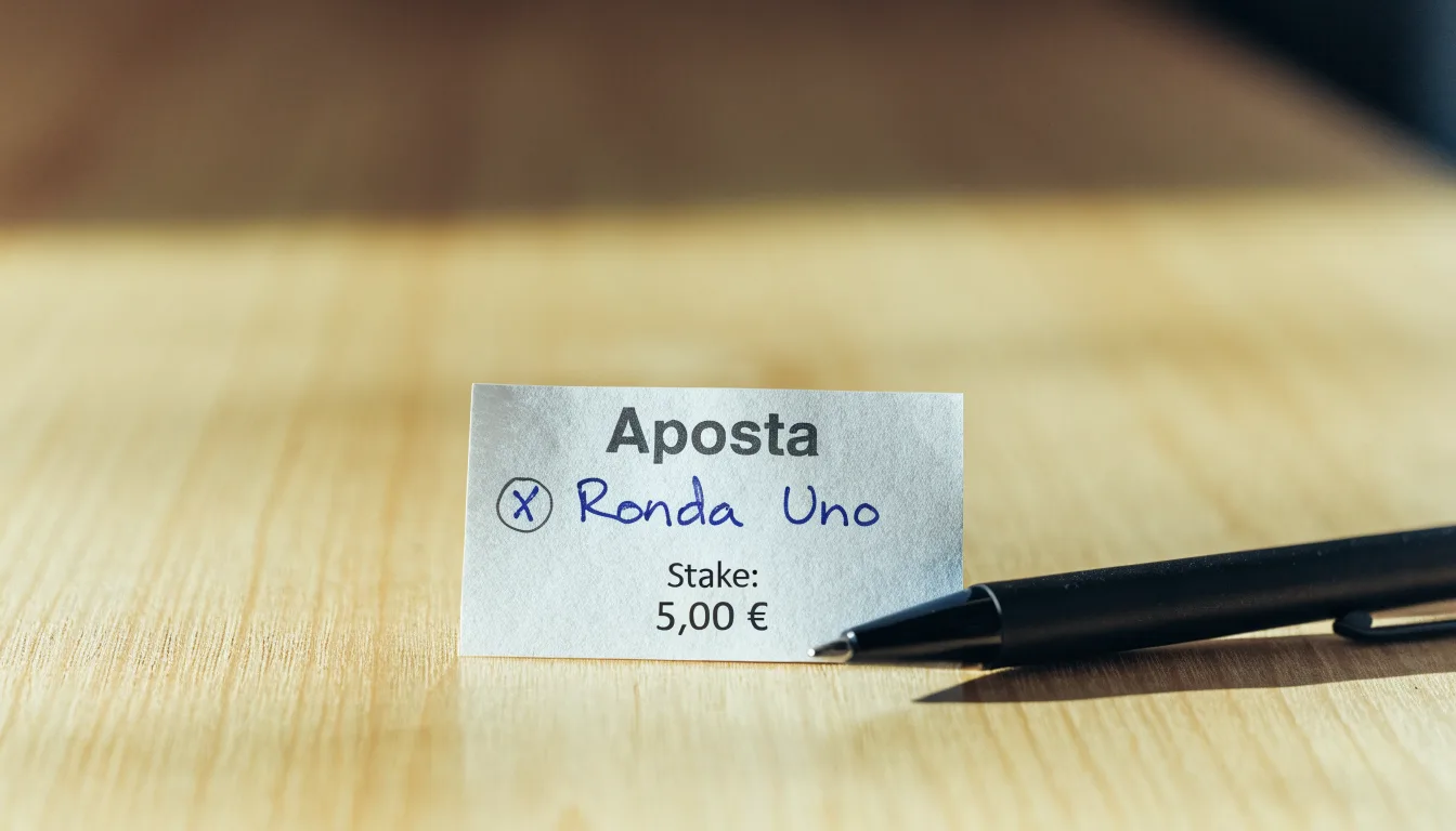 Uma bola de futebol pousada sobre um talão de apostas em branco numa mesa de madeira, à luz do dia