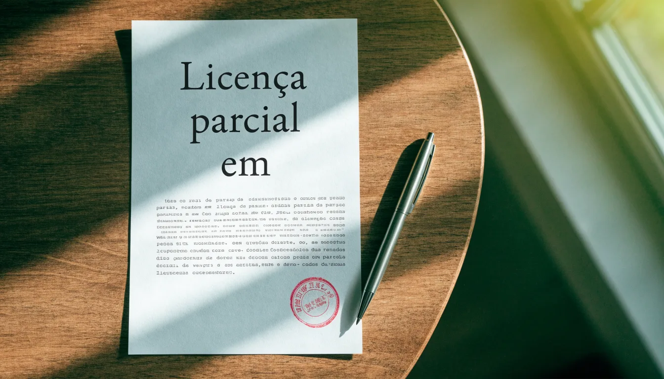 Uma folha de licença em papel com um selo vermelho, pousada numa secretária de madeira ao lado de uma caneta