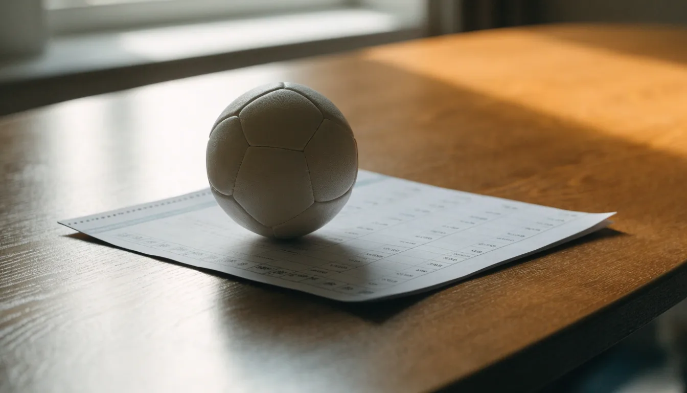 Uma bola de futebol pousada sobre um talão de apostas em branco numa mesa de madeira, à luz do dia