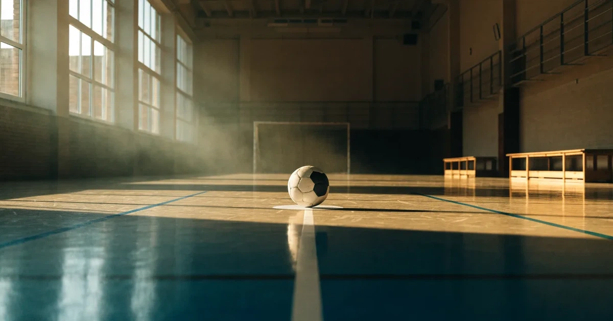 Uma bola de futebol no ponto central de um relvado, à luz da manhã