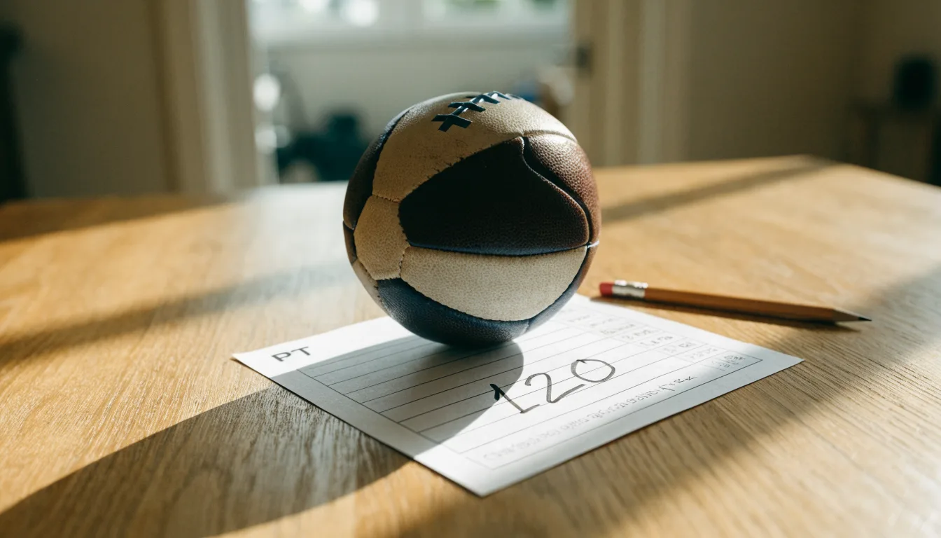 Uma bola de futebol pousada sobre um talão de apostas em branco numa mesa de madeira, à luz do dia