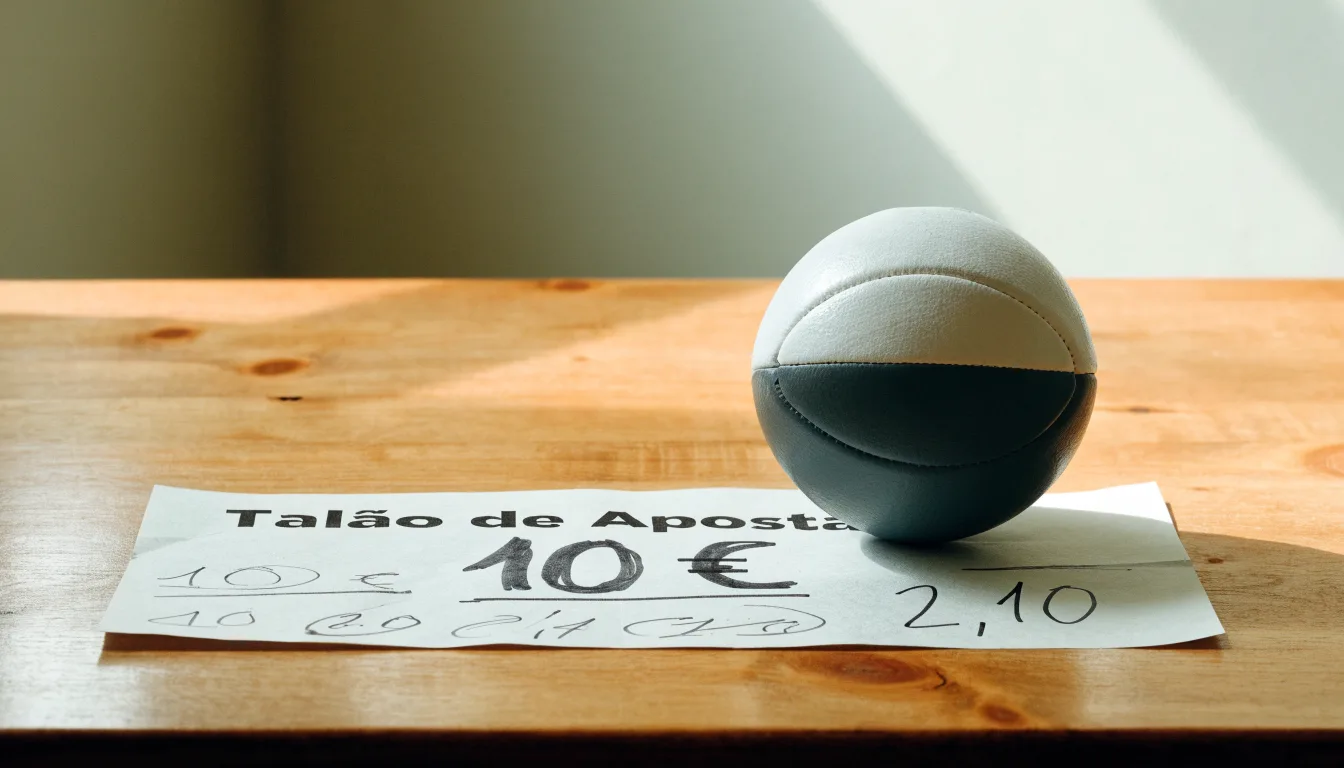 Uma bola de futebol pousada sobre um talão de apostas em branco numa mesa de madeira, à luz do dia