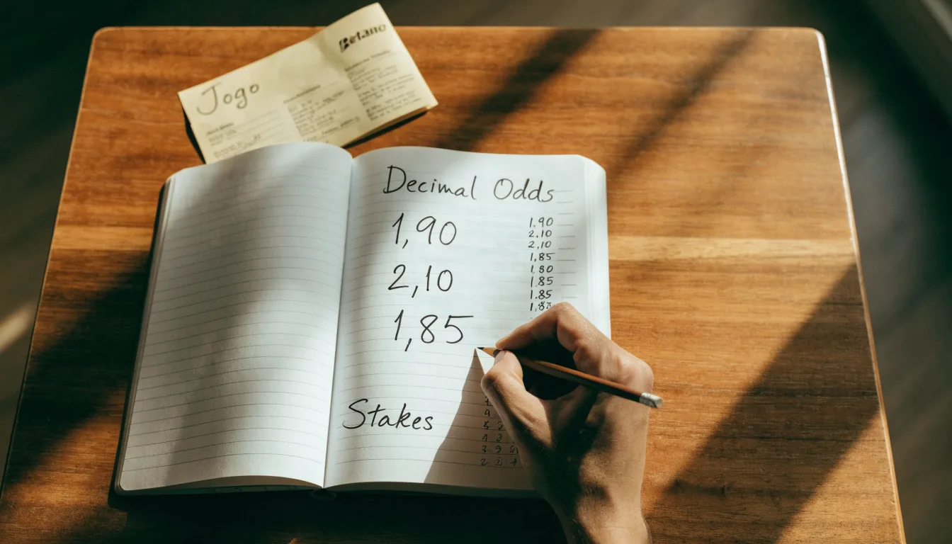Um caderno aberto com cotas escritas à mão, uma calculadora e um lápis sobre uma mesa de madeira