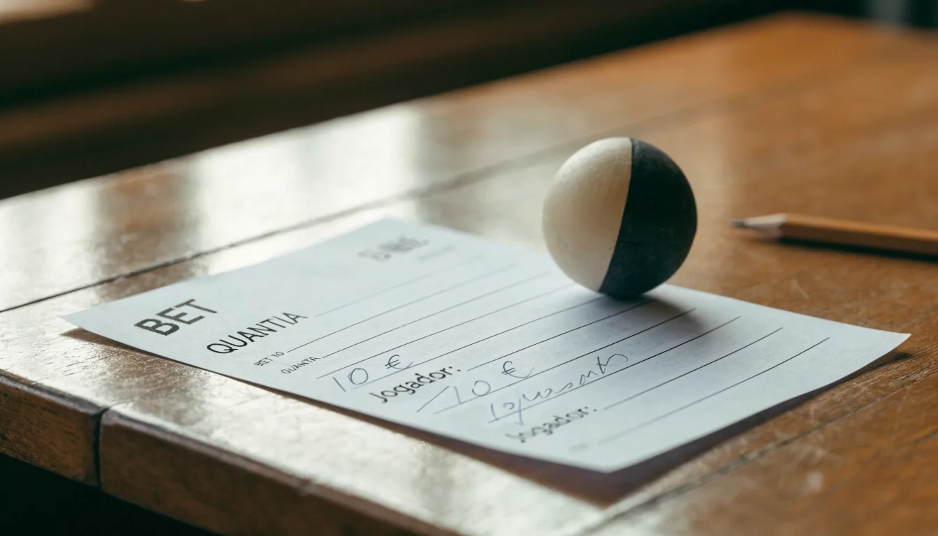 Uma bola de futebol pousada sobre um talão de apostas em branco numa mesa de madeira, à luz do dia