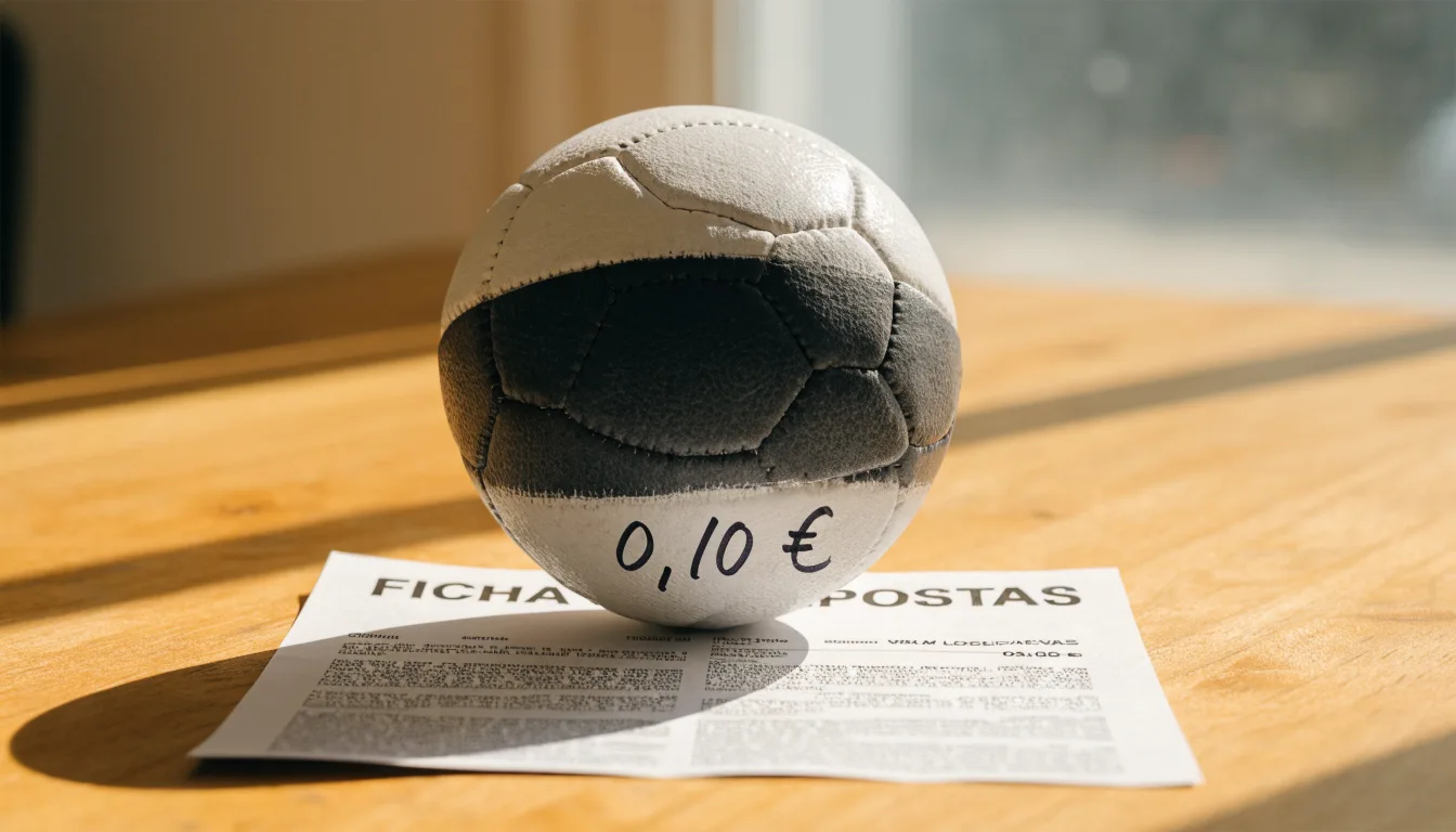 Uma bola de futebol pousada sobre um talão de apostas em branco numa mesa de madeira, à luz do dia