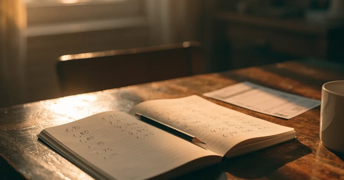 Um caderno aberto com cotas escritas à mão, uma calculadora e um lápis sobre uma mesa de madeira