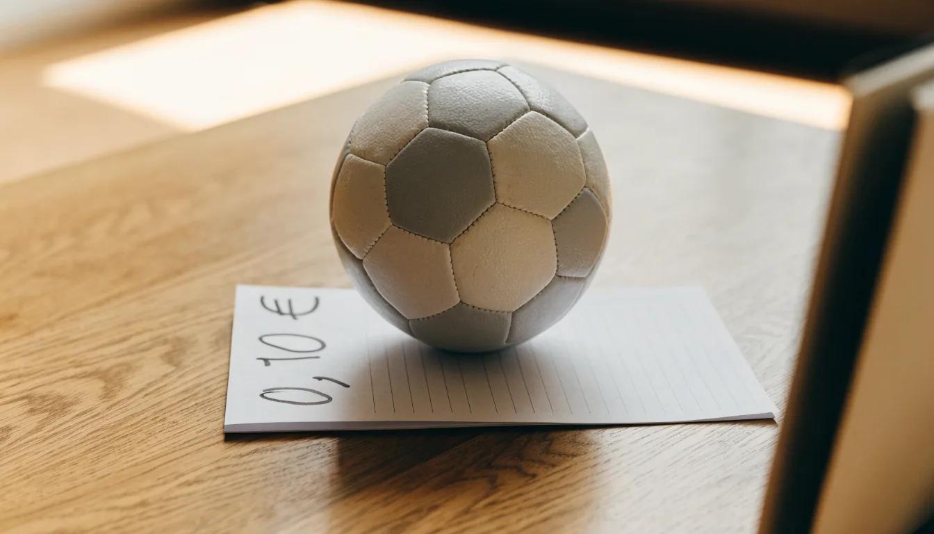 Uma bola de futebol pousada sobre um talão de apostas em branco numa mesa de madeira, à luz do dia
