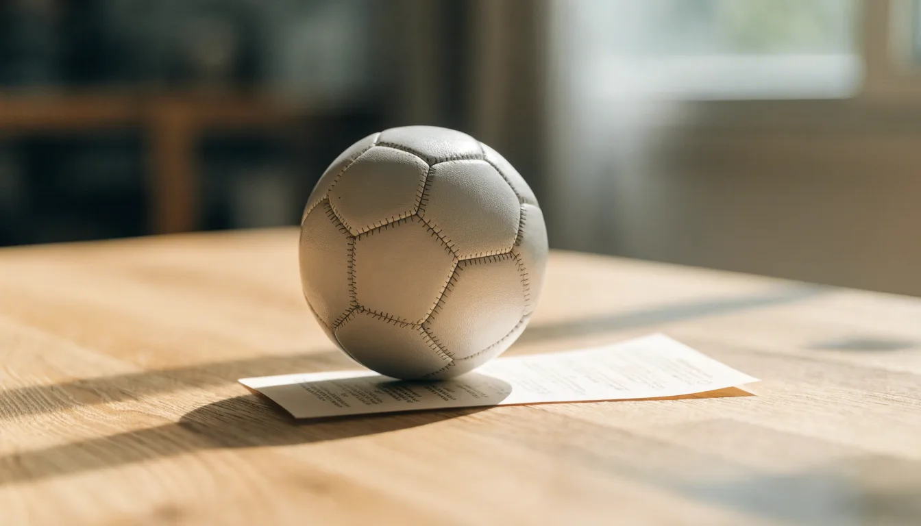 Uma bola de futebol pousada sobre um talão de apostas em branco numa mesa de madeira, à luz do dia